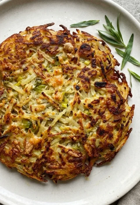 Gordon Ramsay potato rosti, one large golden crisp rosti with leek and Gruyère, no egg