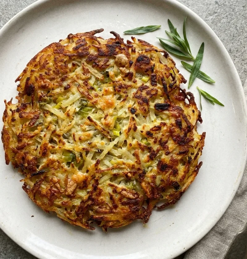 Gordon Ramsay potato rosti, one large golden crisp rosti with leek and Gruyère, no egg