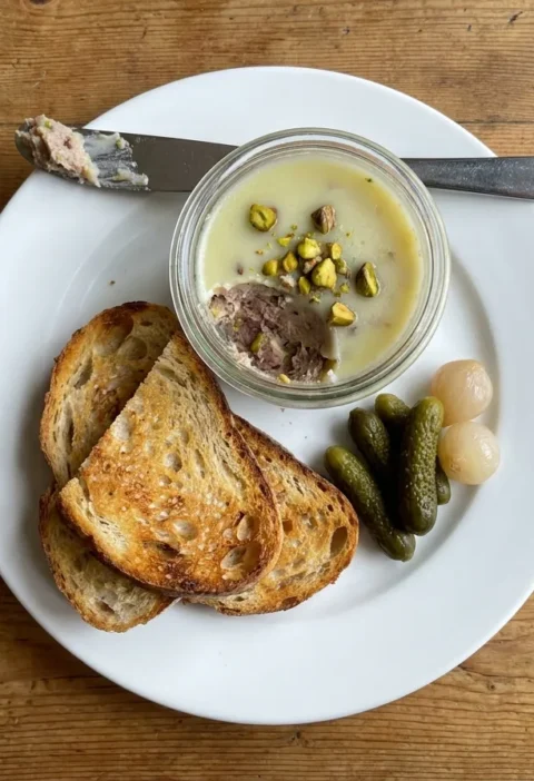 Gordon Ramsay potted duck in a jar with a fat seal and pistachios, sourdough toast, cornichons and pickled onions on a white plate