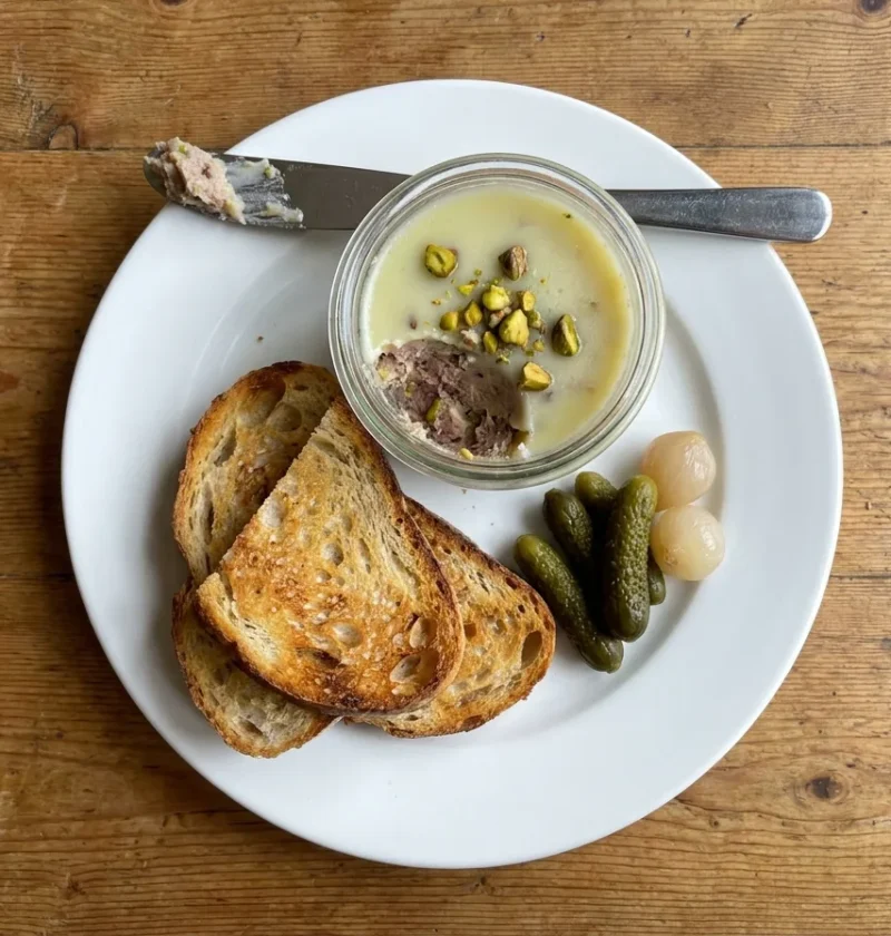 Gordon Ramsay potted duck in a jar with a fat seal and pistachios, sourdough toast, cornichons and pickled onions on a white plate