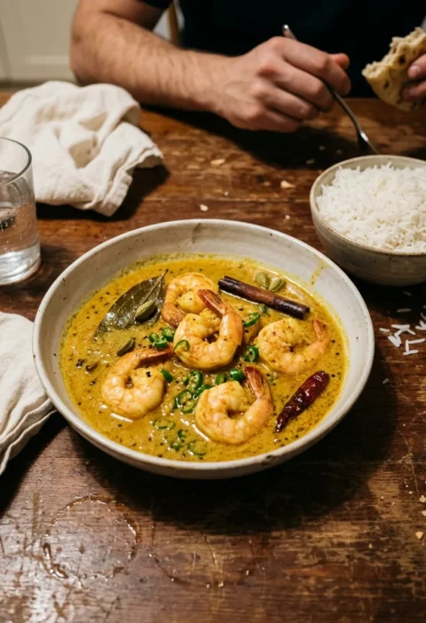 Bengali prawn curry with turmeric prawns in golden coconut sauce with bay leaves cinnamon and cardamom served with basmati rice