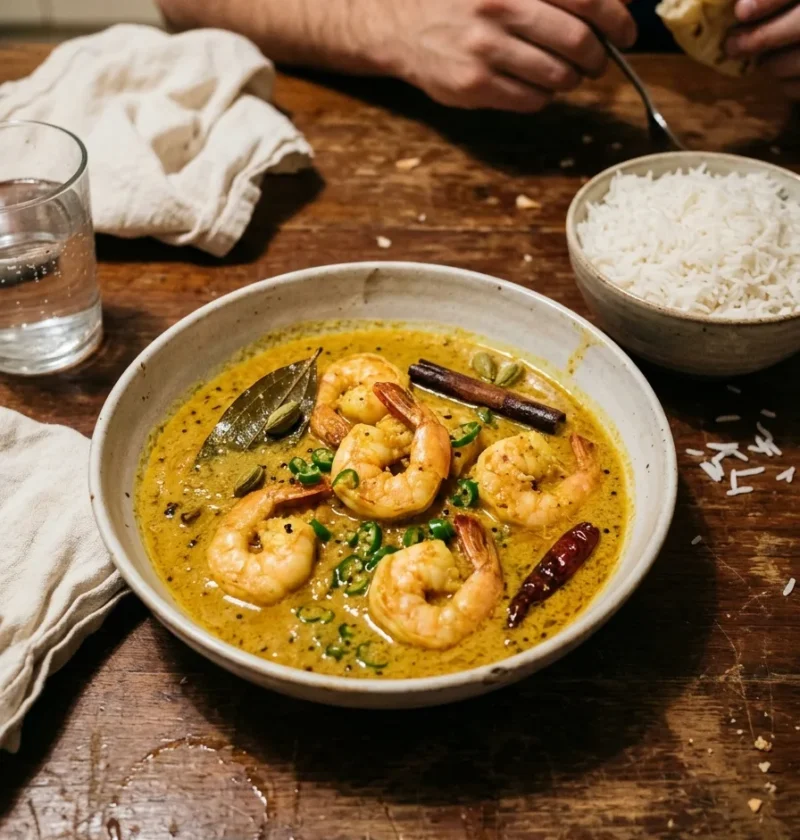 Bengali prawn curry with turmeric prawns in golden coconut sauce with bay leaves cinnamon and cardamom served with basmati rice