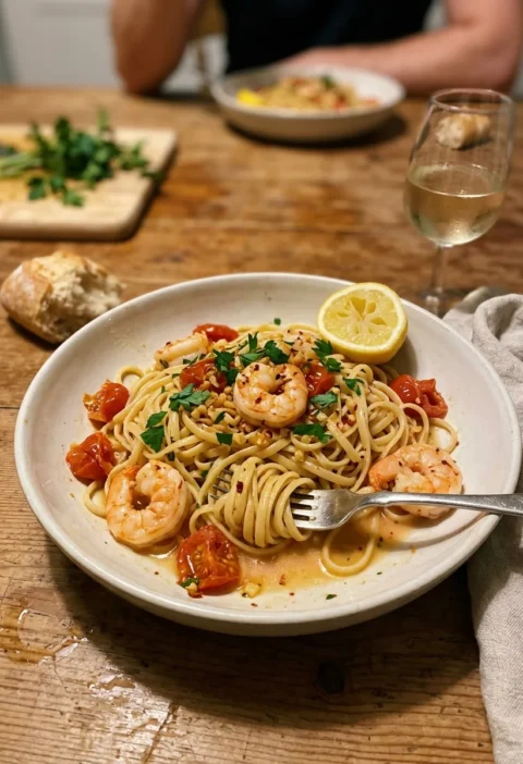 Garlic and chilli prawn linguine with softened cherry tomatoes parsley and chilli flakes in a glossy butter and sherry sauce