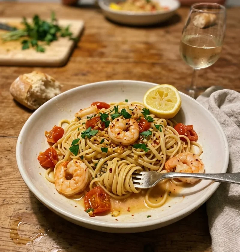 Garlic and chilli prawn linguine with softened cherry tomatoes parsley and chilli flakes in a glossy butter and sherry sauce