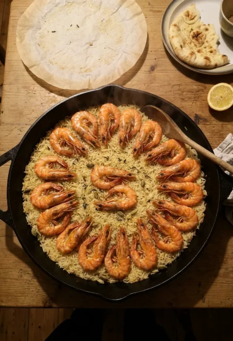 Tiger prawn pilaf in a cast iron pan with shell-on prawns on top of golden spiced basmati rice with cardamom pods and a parchment cartouche
