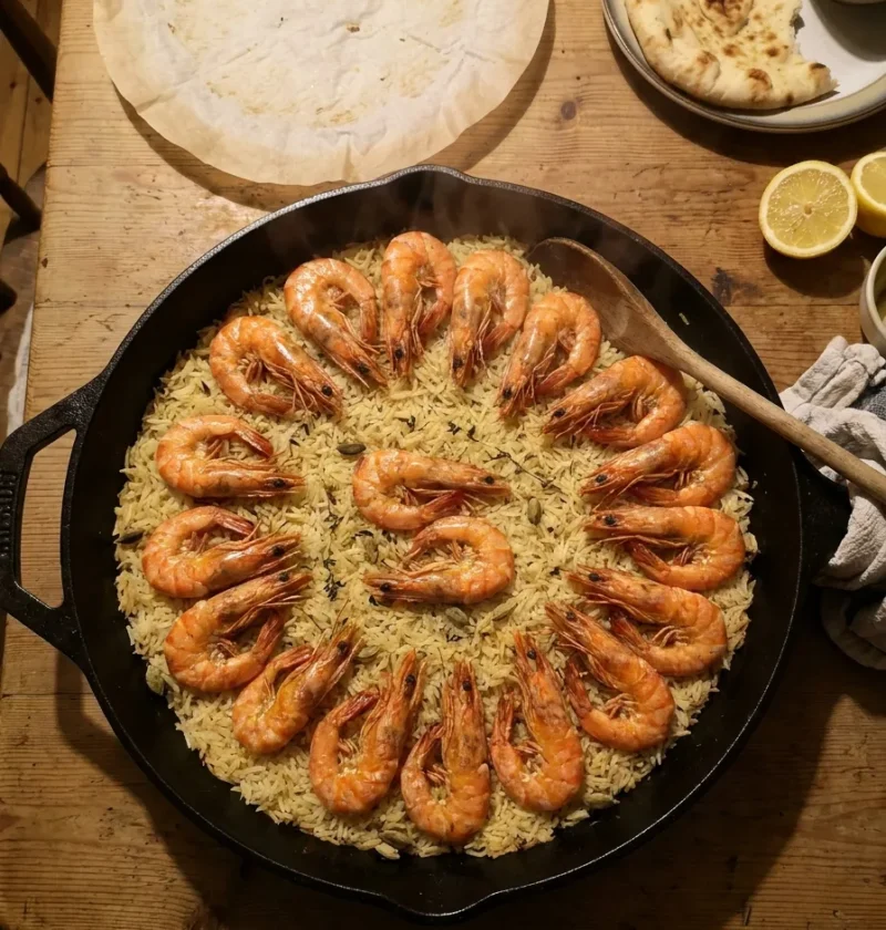 Tiger prawn pilaf in a cast iron pan with shell-on prawns on top of golden spiced basmati rice with cardamom pods and a parchment cartouche