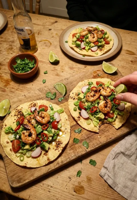Prawn tostadas on a wooden board with seared king prawns on dry-toasted corn tortillas topped with avocado radishes cherry tomatoes coriander and lime