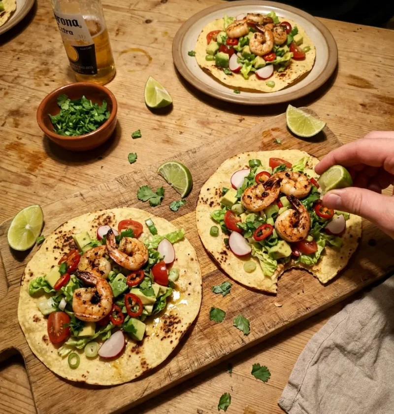 Prawn tostadas on a wooden board with seared king prawns on dry-toasted corn tortillas topped with avocado radishes cherry tomatoes coriander and lime