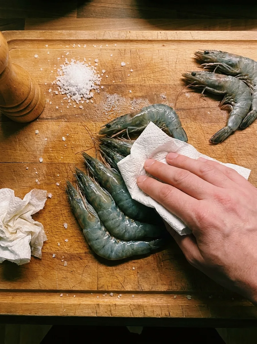 Raw shell-on tiger prawns being patted dry with kitchen paper on a wooden chopping board with sea salt