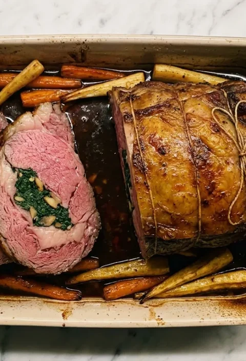 Gordon Ramsay prime rib stuffed rib of beef carved showing spinach and mushroom stuffing with roasted carrots and parsnips