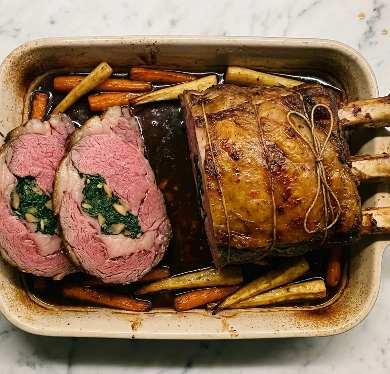 Gordon Ramsay prime rib stuffed rib of beef carved showing spinach and mushroom stuffing with roasted carrots and parsnips