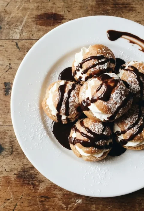Gordon Ramsay profiteroles, golden choux buns filled with chantilly cream and drizzled with warm dark chocolate sauce and icing sugar
