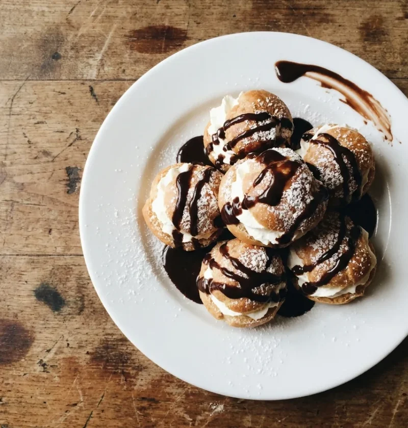 Gordon Ramsay profiteroles, golden choux buns filled with chantilly cream and drizzled with warm dark chocolate sauce and icing sugar