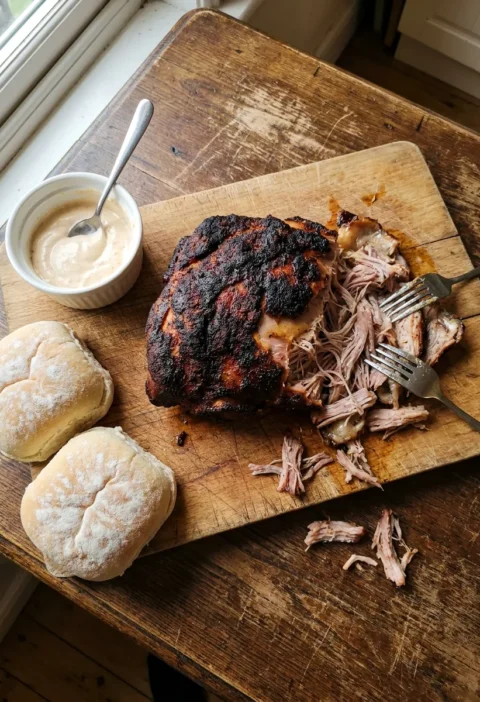 Slow-roasted pulled pork with dark paprika bark on a wooden chopping board with shredded meat two forks chipotle mayo in a white bowl and white flour-dusted baps