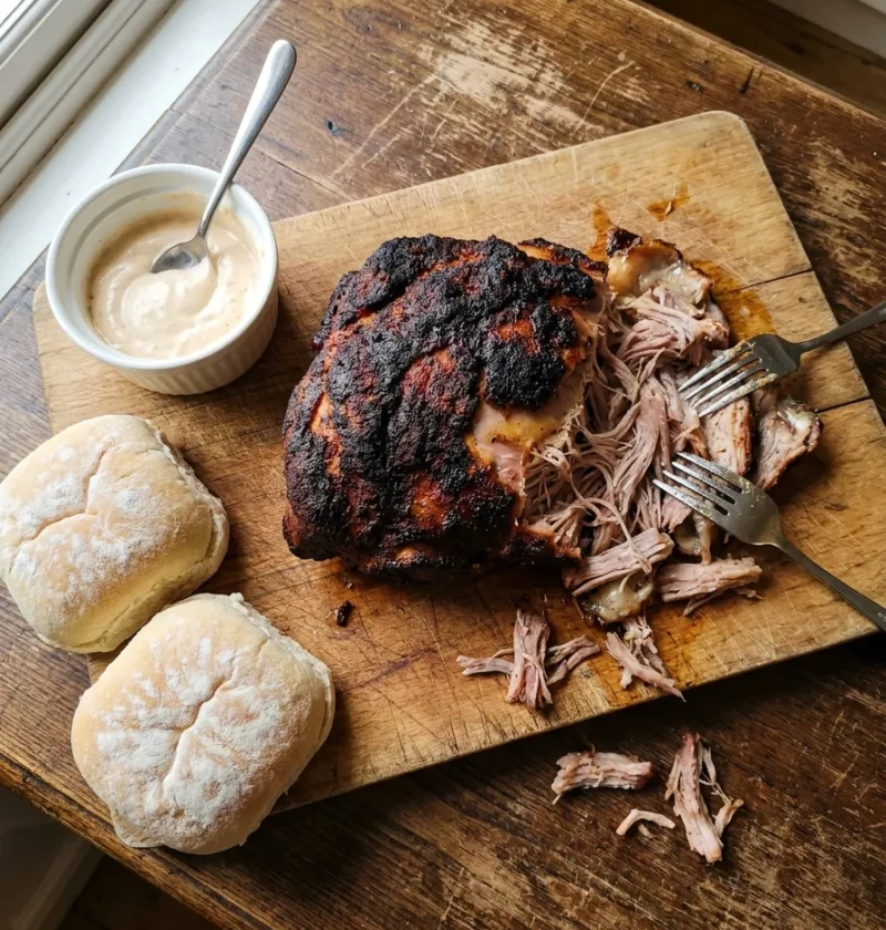 Slow-roasted pulled pork with dark paprika bark on a wooden chopping board with shredded meat two forks chipotle mayo in a white bowl and white flour-dusted baps