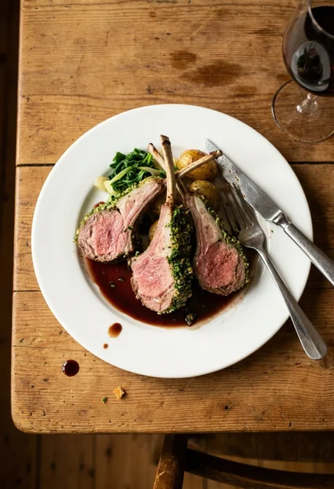 Gordon Ramsay herb crusted rack of lamb with three chops standing upright showing bright green parsley crust and pink medium rare interior with red wine jus on a white plate