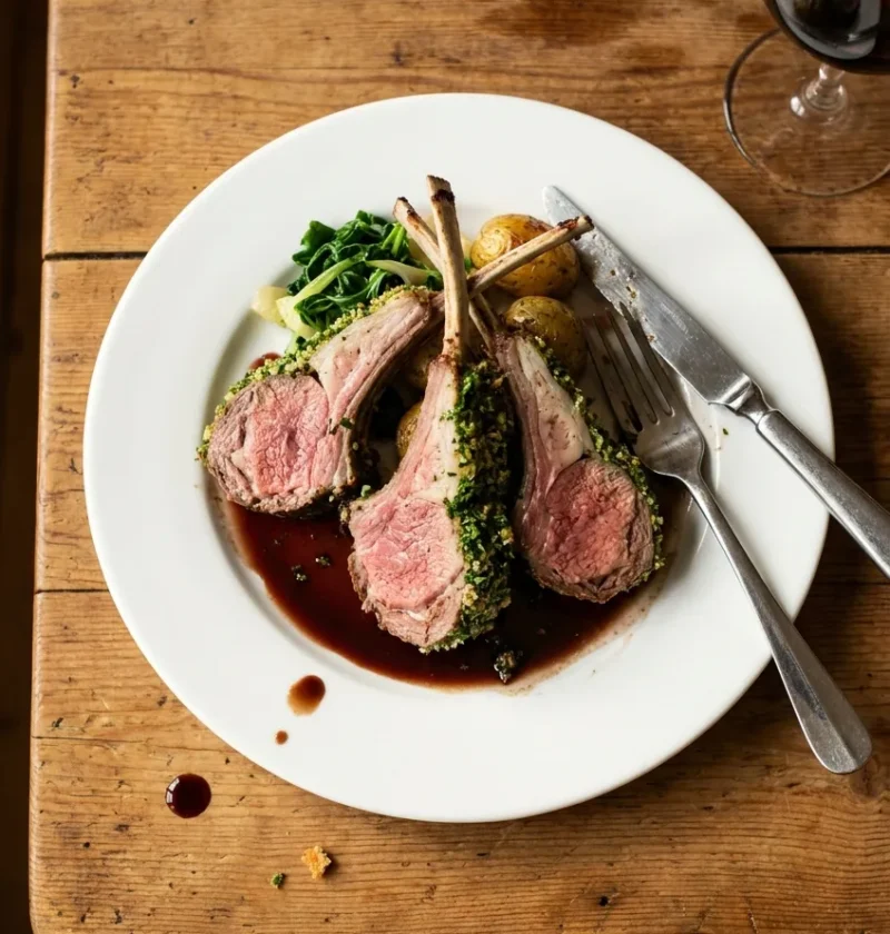 Gordon Ramsay herb crusted rack of lamb with three chops standing upright showing bright green parsley crust and pink medium rare interior with red wine jus on a white plate