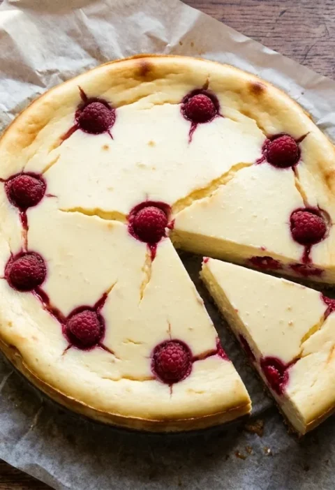 Gordon Ramsay baked raspberry and lemon cheesecake with no base sliced on greaseproof paper