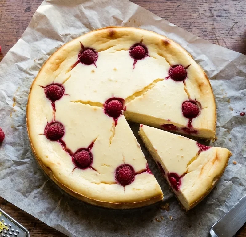Gordon Ramsay baked raspberry and lemon cheesecake with no base sliced on greaseproof paper