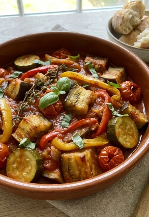 Gordon Ramsay ratatouille in terracotta dish with cooked aubergine courgette peppers burst cherry tomatoes and basil