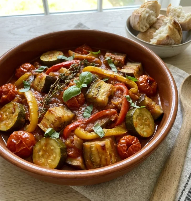 Gordon Ramsay ratatouille in terracotta dish with cooked aubergine courgette peppers burst cherry tomatoes and basil