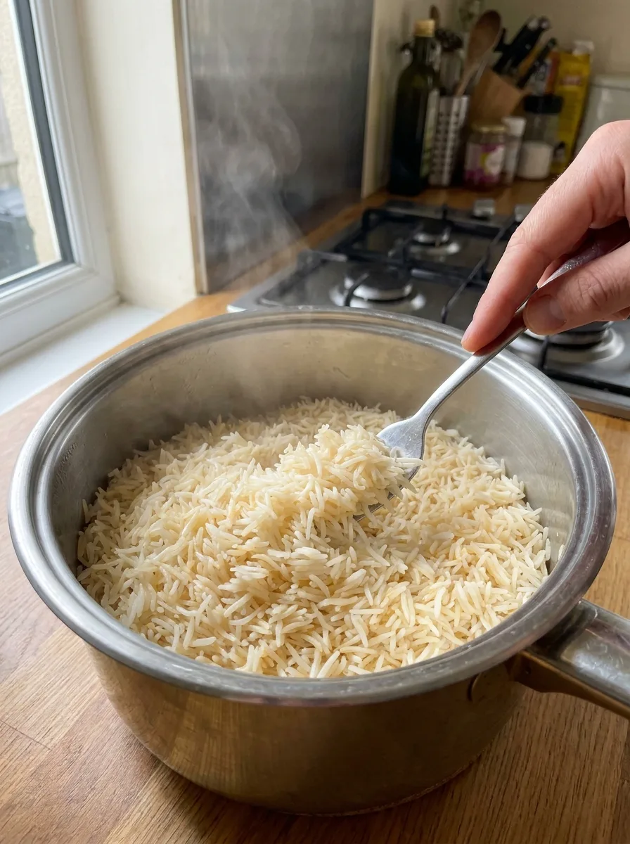 Fork fluffing through perfectly cooked fluffy basmati rice with steam rising