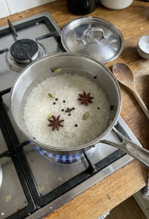 Basmati rice in a saucepan with cardamom pods and star anise on a gas hob ready to cook