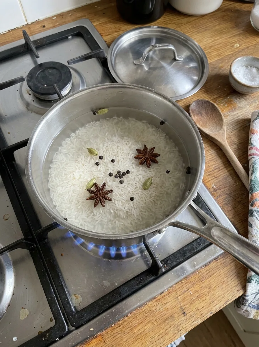 Basmati rice in a saucepan with cardamom pods and star anise on a gas hob ready to cook