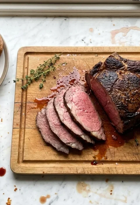 Gordon Ramsay roast beef carved rare on a board with Yorkshire puddings and red wine gravy