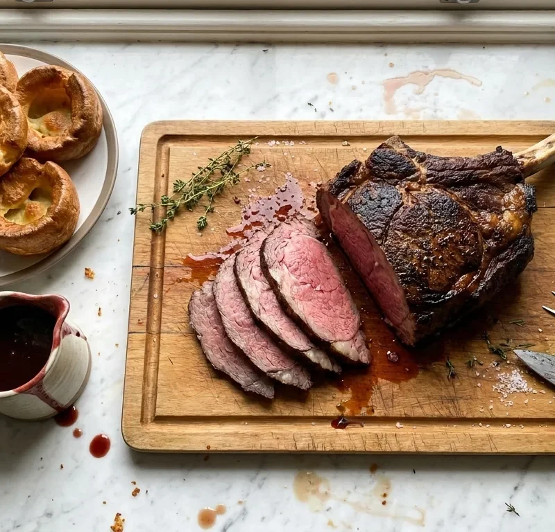 Gordon Ramsay roast beef carved rare on a board with Yorkshire puddings and red wine gravy