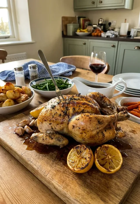 Gordon Ramsay roast chicken with golden herb butter skin on a wooden board with roast potatoes green beans gravy and carrots for Sunday lunch