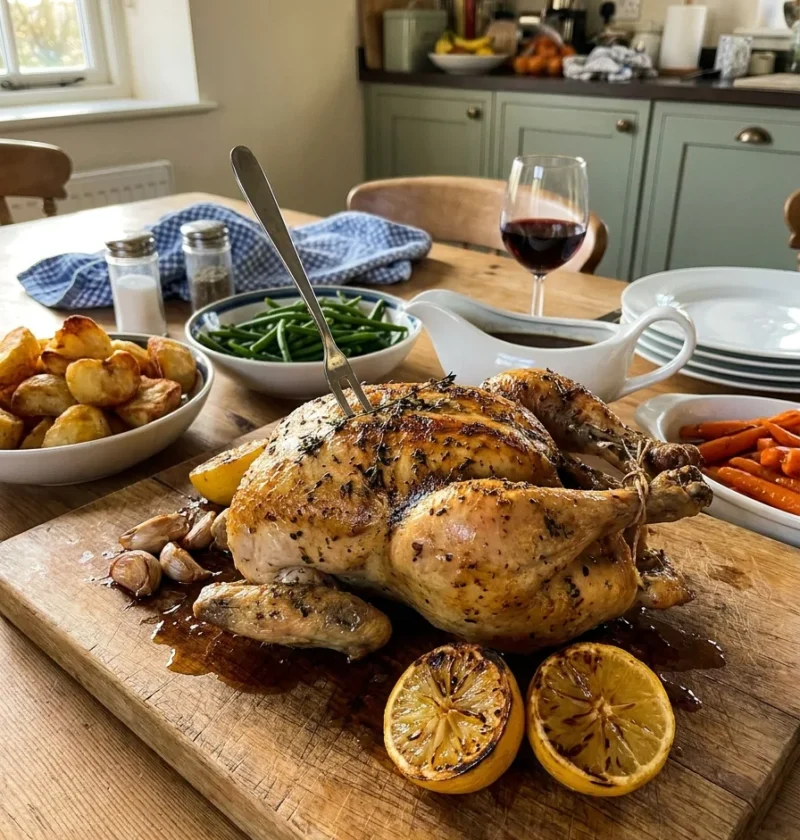 Gordon Ramsay roast chicken with golden herb butter skin on a wooden board with roast potatoes green beans gravy and carrots for Sunday lunch