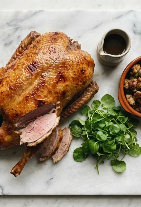 Gordon Ramsay roast duck with crispy golden skin carved into slices, served with apple and sage stuffing and red wine gravy