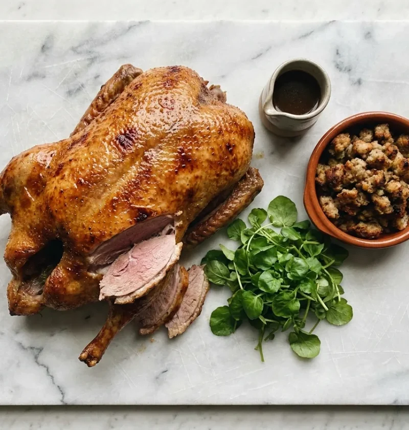 Gordon Ramsay roast duck with crispy golden skin carved into slices, served with apple and sage stuffing and red wine gravy