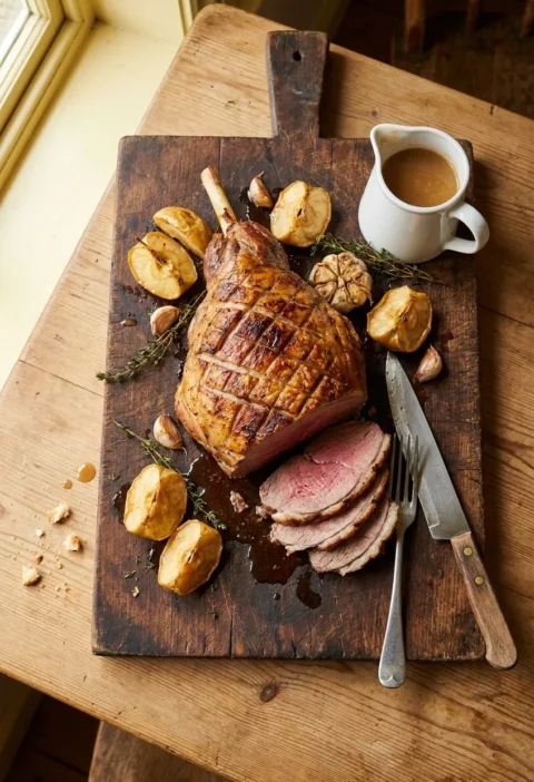Roast leg of lamb with crisscross scored golden fat and carved pink slices on a worn wooden carving board with collapsed roasted apple quarters garlic cloves thyme sprigs and a white jug of apple cider gravy