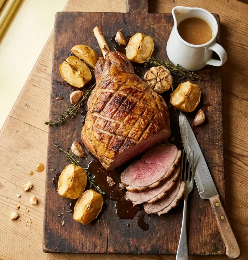 Roast leg of lamb with crisscross scored golden fat and carved pink slices on a worn wooden carving board with collapsed roasted apple quarters garlic cloves thyme sprigs and a white jug of apple cider gravy