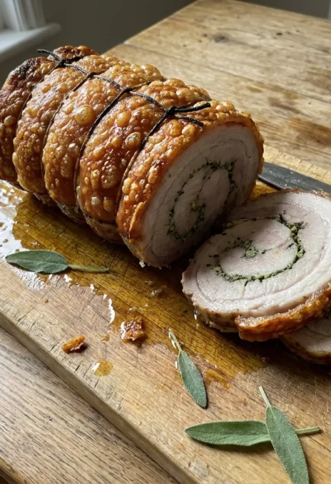 Gordon Ramsay roast pork loin with crisp crackling, sliced to show the lemon, sage, and parsley herb stuffing