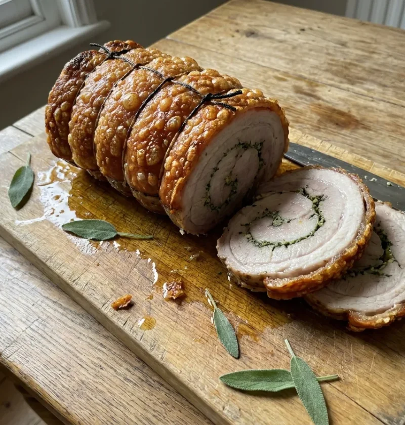 Gordon Ramsay roast pork loin with crisp crackling, sliced to show the lemon, sage, and parsley herb stuffing