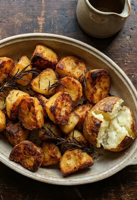 Gordon Ramsay roast potatoes with crispy golden edges and rosemary in an oval serving dish
