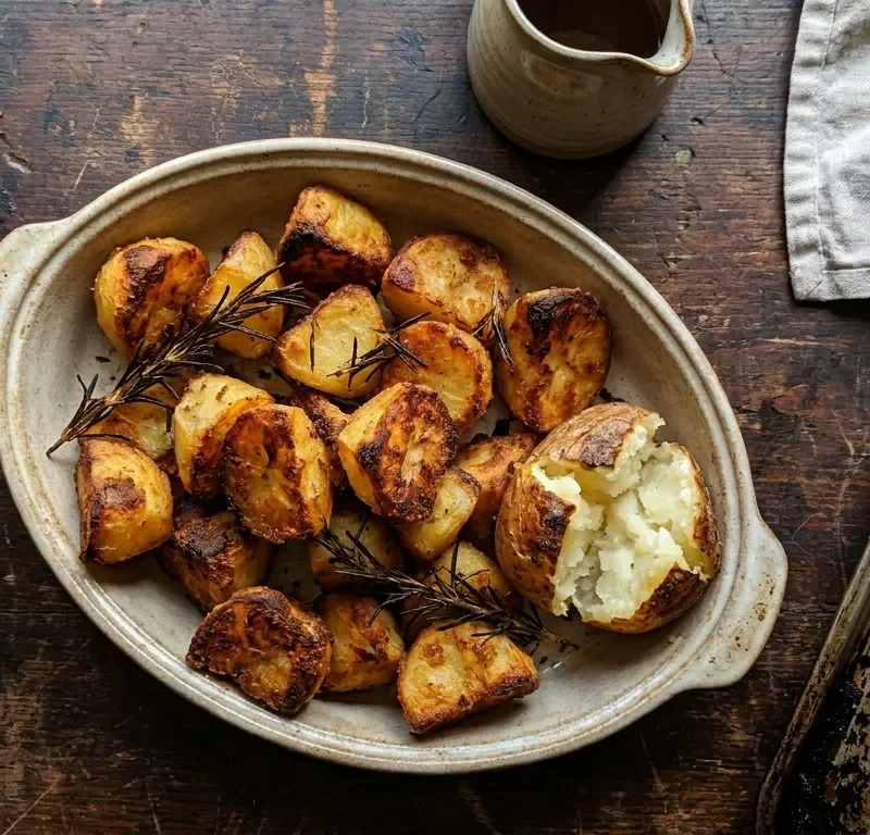 Gordon Ramsay roast potatoes with crispy golden edges and rosemary in an oval serving dish