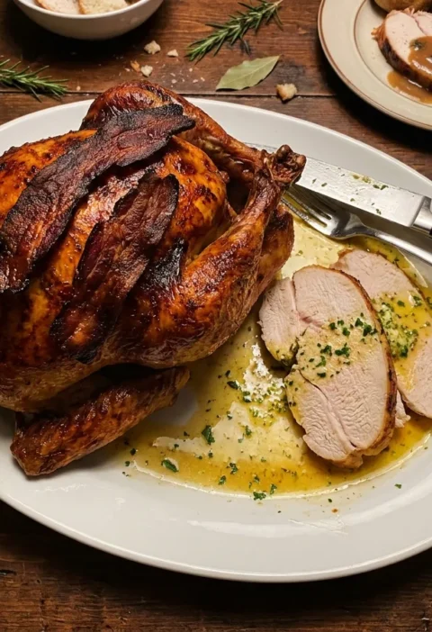 Gordon Ramsay roast turkey carved showing moist breast meat with crispy bacon, herb butter pooled on the platter, bay leaves and rosemary on the table