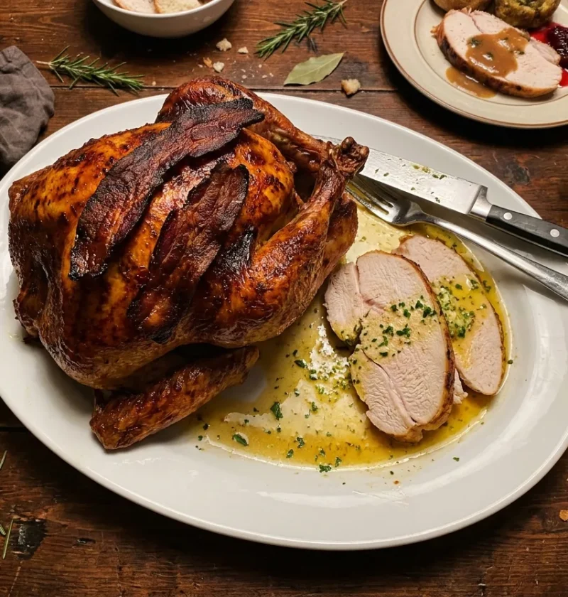 Gordon Ramsay roast turkey carved showing moist breast meat with crispy bacon, herb butter pooled on the platter, bay leaves and rosemary on the table