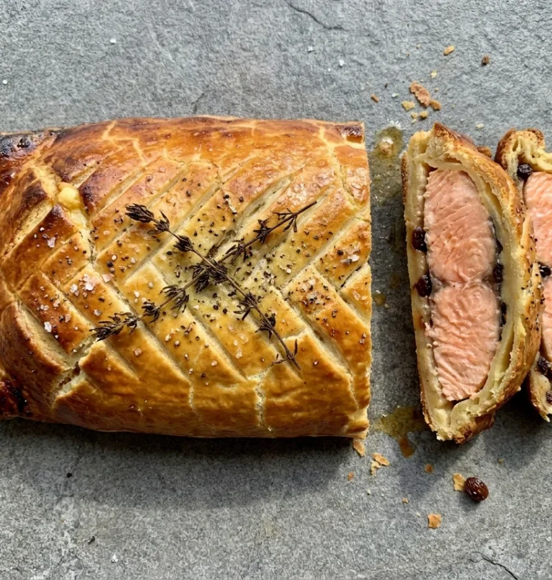 Gordon Ramsay salmon en croute sliced to show pink salmon and currant butter inside golden shortcrust pastry