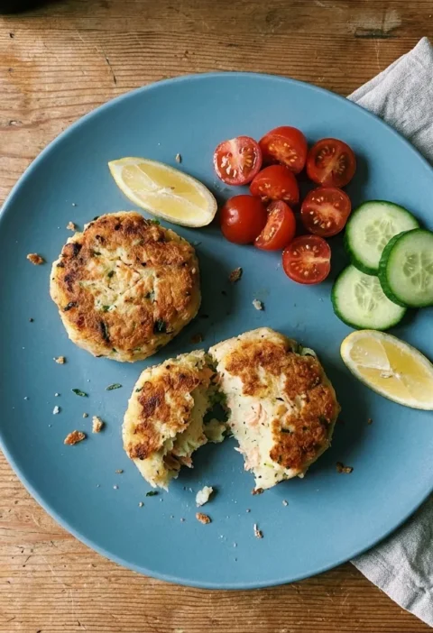Gordon Ramsay salmon fish cakes coated in golden breadcrumbs, one broken open showing potato and salmon, with cherry tomatoes and cucumber