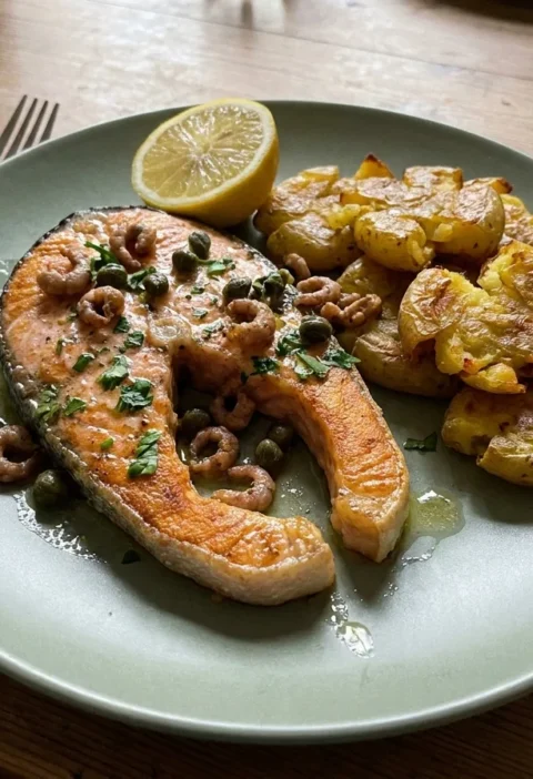 Gordon Ramsay salmon steaks on the bone with brown shrimp and caper butter, served with smashed potatoes