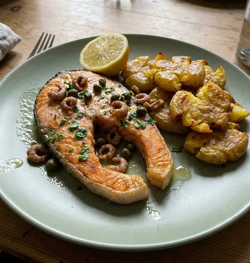 Gordon Ramsay salmon steaks on the bone with brown shrimp and caper butter, served with smashed potatoes