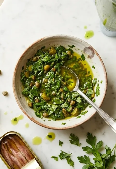 Gordon Ramsay salsa verde: roughly chopped green sauce with visible herb flecks, capers and cornichons in a ceramic bowl, surrounded by anchovy tin, Dijon mustard, red wine vinegar and fresh herbs