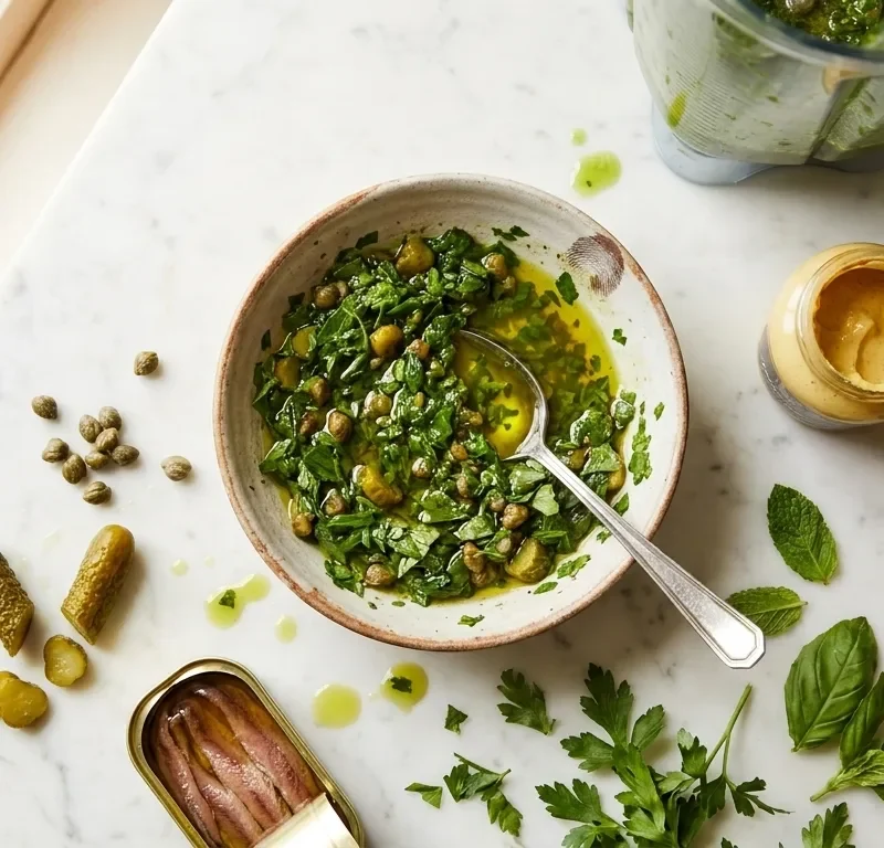Gordon Ramsay salsa verde: roughly chopped green sauce with visible herb flecks, capers and cornichons in a ceramic bowl, surrounded by anchovy tin, Dijon mustard, red wine vinegar and fresh herbs