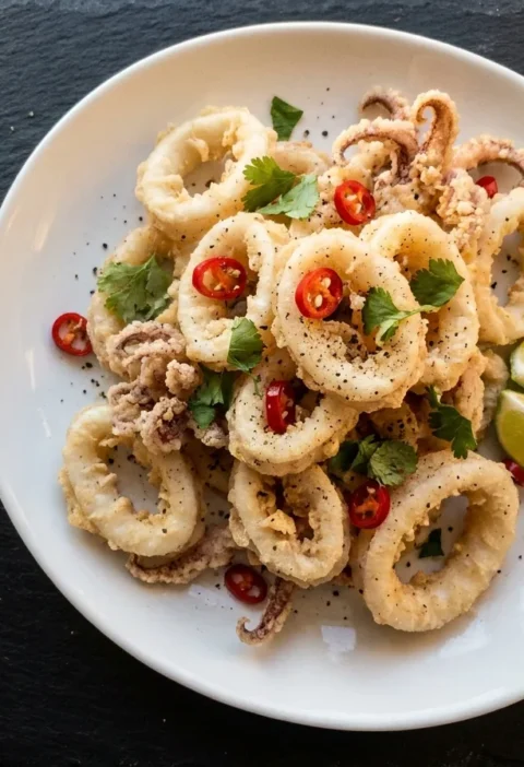 Gordon Ramsay salt and pepper squid, crisp golden Szechuan-pepper rings scattered with red chilli and coriander, lime wedges on a white plate