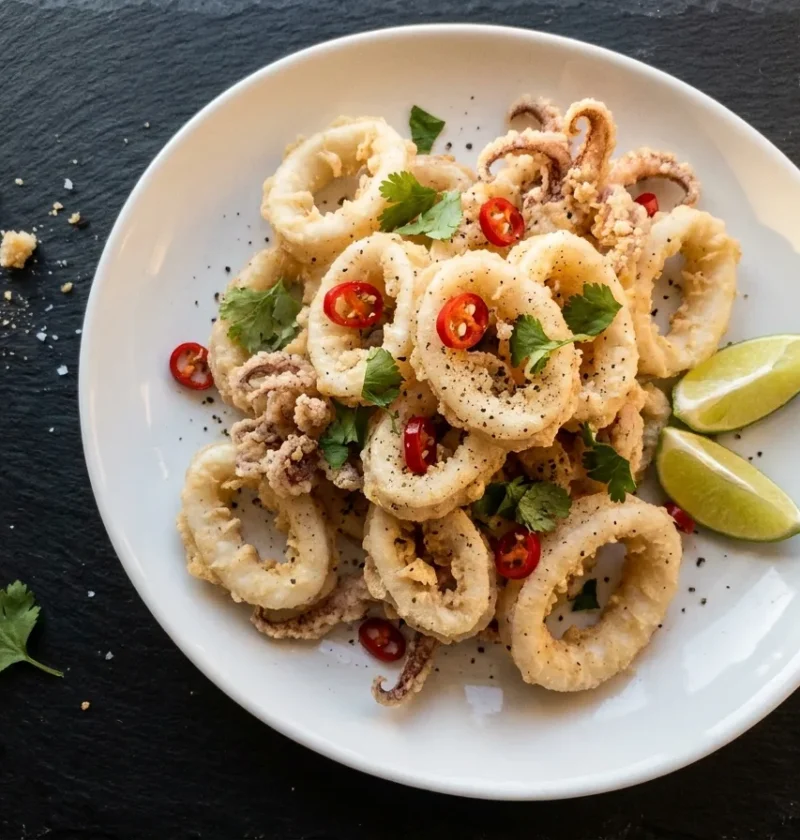 Gordon Ramsay salt and pepper squid, crisp golden Szechuan-pepper rings scattered with red chilli and coriander, lime wedges on a white plate